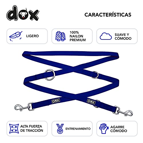 DDOXX Correa Perro de Nailon, Ajustable en 3 Direcciones, 2 m | Correas para Perros Grandes y Pequeños | Correa Doble para Perros, Gatos, Cachorros | Correa para Correr | Azul, L