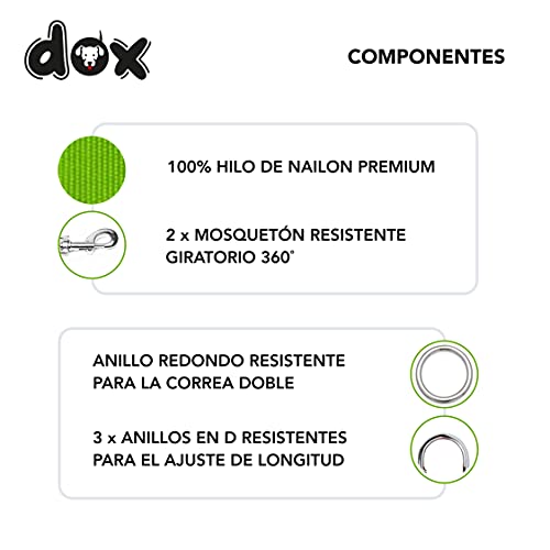 DDOXX Correa Perro de Nailon, Ajustable en 3 Direcciones, 2 m | Correas para Perros Grandes y Pequeños | Correa Doble para Perros, Gatos, Cachorros | Correa para Correr | Verde, L