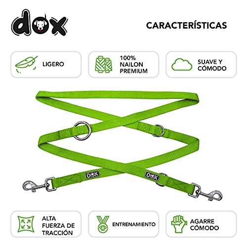 DDOXX Correa Perro de Nailon, Ajustable en 3 Direcciones, 2 m | Correas para Perros Grandes y Pequeños | Correa Doble para Perros, Gatos, Cachorros | Correa para Correr | Verde, L