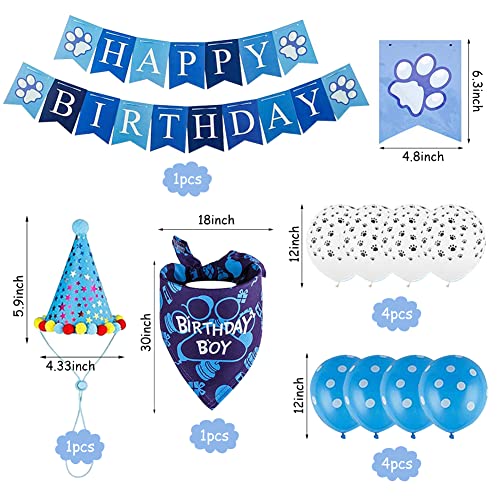 Decoraciones de Cumpleaños para Perros,Azul Bandana Cumpleaños Perro,Perro Cumpleaños Bandana Sombrero Banner Set,Perro Cumpleaños,Decoracion Cumpleaños para Perros,Regalo de Perros.