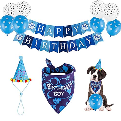 Decoraciones de Cumpleaños para Perros,Azul Bandana Cumpleaños Perro,Perro Cumpleaños Bandana Sombrero Banner Set,Perro Cumpleaños,Decoracion Cumpleaños para Perros,Regalo de Perros.