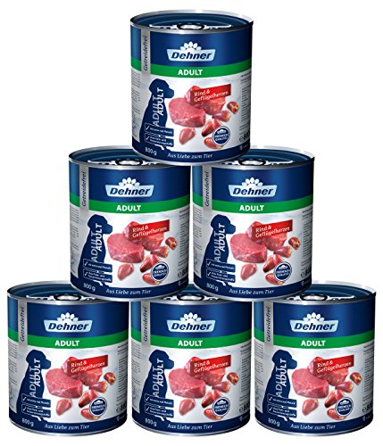 Dehner Comida para Perros prémium, para Adultos, Vacuno y Corazones de Aves, 6 x 400 g (2,4 kg).