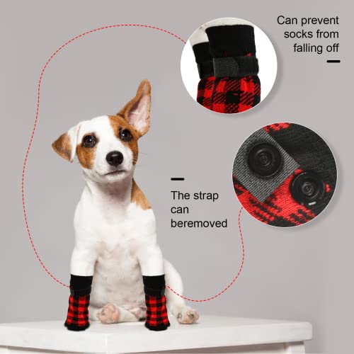 Dereine Calcetines para Perros 4 Piezas,con Correas de Fijación,Gel Reforzado para La Protección y Tracción de Las Patas,Protección Integral de Las Patas en 3 Tamaños (L, Rojo)