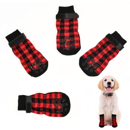 Dereine Calcetines para Perros 4 Piezas,con Correas de Fijación,Gel Reforzado para La Protección y Tracción de Las Patas,Protección Integral de Las Patas en 3 Tamaños (L, Rojo)