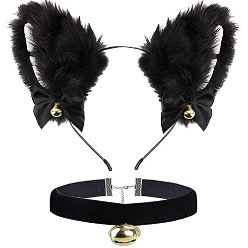 Diadema Oreja de Gato con Gargantilla, Kit Disfraz de Gato Accesorios Diadema de Gato Orejas de Gato con Collar Choker Terciopelo con Campana Suministros