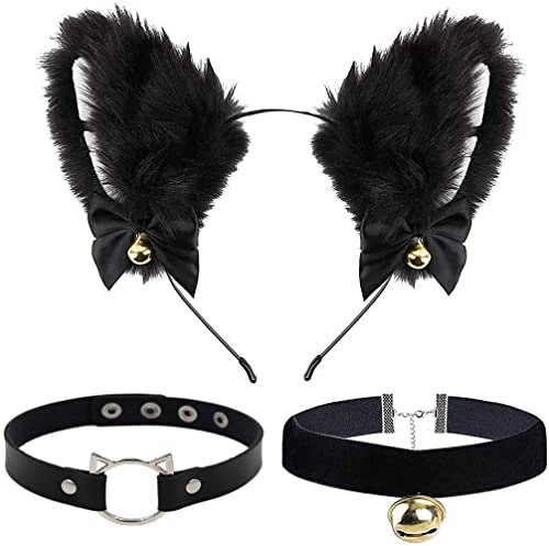 Diadema Oreja de Gato con Gargantilla, Kit Disfraz de Gato Accesorios Diadema de Gato Orejas de Gato con Collar Choker Terciopelo con Campana Suministros