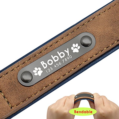 Didog - Collar de piel suave acolchada personalizable para perro, chapa de nombre, anilla en D, collar grabado para perro, tamaños pequeño, mediano y grande