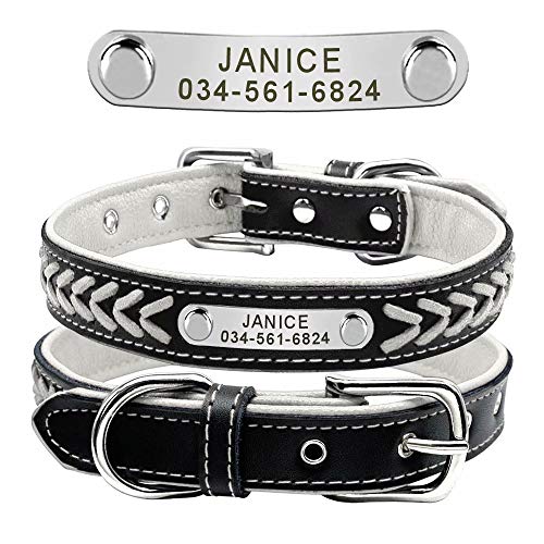 Didog Collar personalizado de cuero, collares de perro grabados de cuero trenzado con placa de identificación personalizada para perros pequeños y medianos grandes, blancos, tamaño L