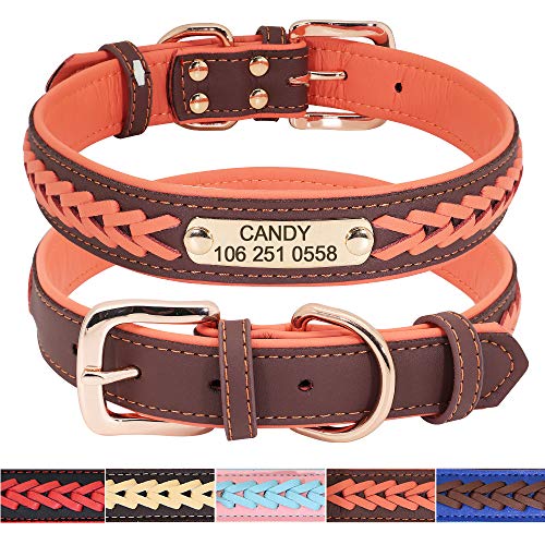 Didog - Collares para perro de piel personalizada con placa de latón grabada – Cuero trenzado suave acolchado personalizado – Collares ajustables para mascotas para perros pequeños, medianos y grandes