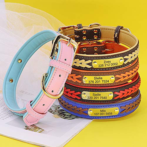 Didog - Collares para perro de piel personalizada con placa de latón grabada – Cuero trenzado suave acolchado personalizado – Collares ajustables para mascotas para perros pequeños, medianos y grandes