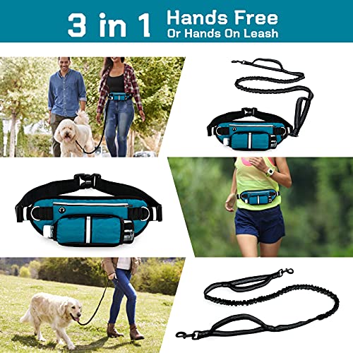 DIJIUCL Correa Jogging para Perros Correas Manos Libres para Perros Correa Perro Multiposicion Reflectante Elástica ​con Bolsa para Cinturón para Jogging Senderismo (Azul)