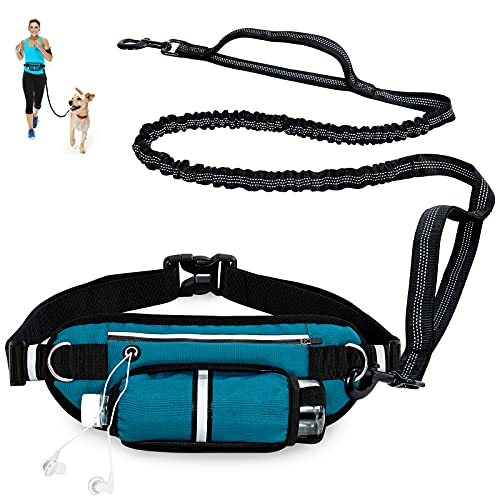 DIJIUCL Correa Jogging para Perros Correas Manos Libres para Perros Correa Perro Multiposicion Reflectante Elástica ​con Bolsa para Cinturón para Jogging Senderismo (Azul)