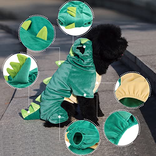 Disfraz de Dinosaurio para Perros pequeños, Disfraz de Cachorro Divertido, cómodo con Capucha de Dinosaurio, Ropa de Invierno cálida y Ligera para Halloween (Verde, S)