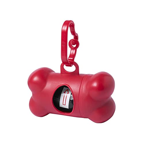 Dispensador de bolsas recoge cacas perro, dispensador con forma de hueso de bolsitas colectoras de excremento de perros y mascotas, 15 Bolsas Biodegradables (Rojo)