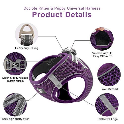 Dociote Arnés para Perros Perros pequeños, Arnés Deportivo para Perros Sin Tirón Malla Suave Reflexivo y Transpirable Arnés para Perros y Juego de Cables Ajustable Morado XS