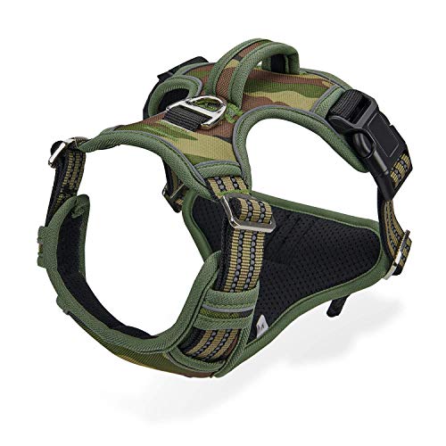 Dociote Arnés Perros Sin Tracción Large Chaleco Reflectante Ajustable para Perros Mediano Arnés para Perros Transpirable sin tracción con asa para Caminar, Entrenamiento Camuflaje Verde L