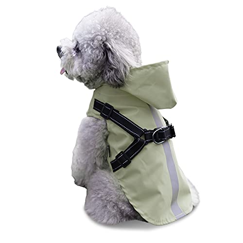 Dociote Chubasquero para Perros con Arnés, Ligero Impermeable Abrigo Perros con Capucha Reflectante Ajustable Impermeable para Perros Pequeños y Medianos Verde XL