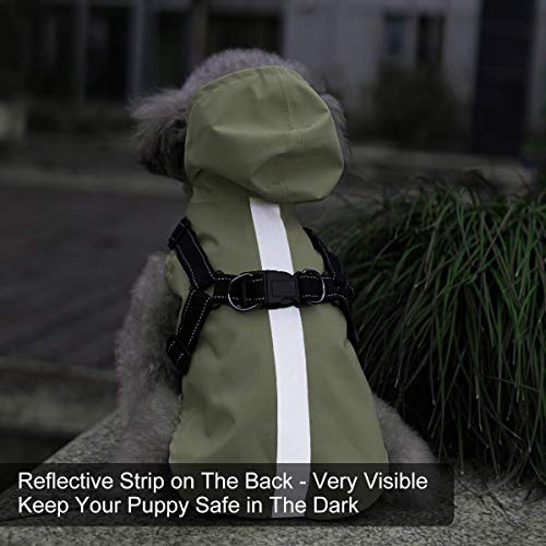 Dociote Chubasquero para Perros con Arnés, Ligero Impermeable Abrigo Perros con Capucha Reflectante Ajustable Impermeable para Perros Pequeños y Medianos Verde M