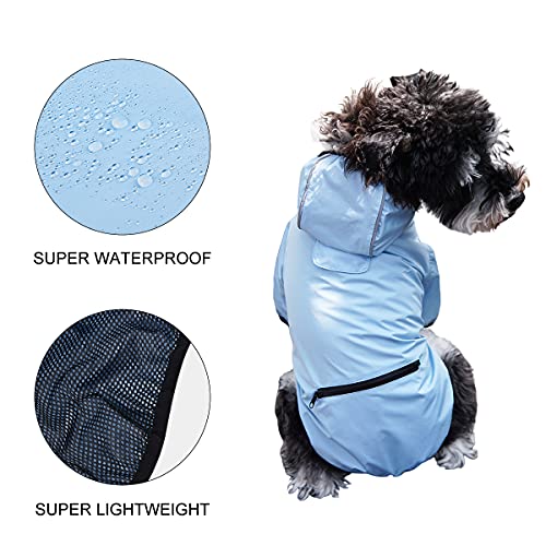 Dociote Chubasquero para Perros con Bolsillo, Ligero Impermeable Abrigo Perros con Capucha Reflectante Ajustable Impermeable para Perros Pequeños y Medianos Azul L