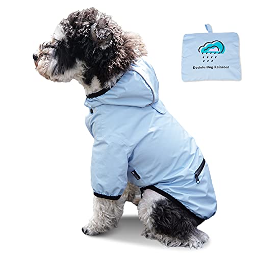 Dociote Chubasquero para Perros con Bolsillo, Ligero Impermeable Abrigo Perros con Capucha Reflectante Ajustable Impermeable para Perros Pequeños y Medianos Azul L