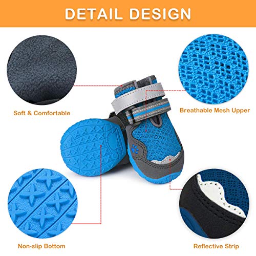 Dociote Zapatos para Perros, 4Pcs Perro Botas con Suela Antideslizante, Correas Resistente, Impermeables Protectores de Patas para Perros Medianos y Grandes Verano Azul 6#