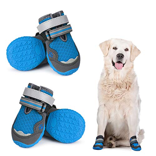 Dociote Zapatos para Perros, 4Pcs Perro Botas con Suela Antideslizante, Correas Resistente, Impermeables Protectores de Patas para Perros Medianos y Grandes Verano Azul 6#