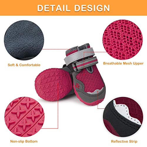 Dociote Zapatos para Perros, 4Pcs Perro Botas con Suela Antideslizante, Correas Resistente, Impermeables Protectores de Patas para Perros Medianos y Grandes Verano Rojo 8#