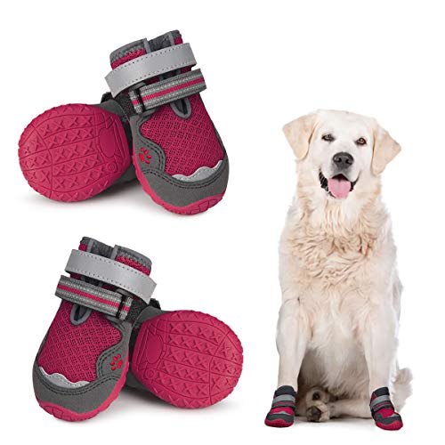 Dociote Zapatos para Perros, 4Pcs Perro Botas con Suela Antideslizante, Correas Resistente, Impermeables Protectores de Patas para Perros Medianos y Grandes Verano Rojo 8#