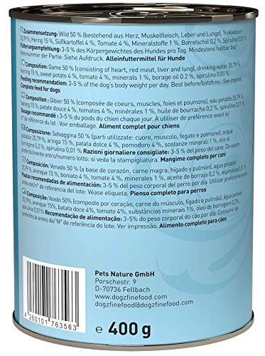 dogz finefood Comida húmeda para Perros – N° 12 Wild & Hering – Comida húmeda para Perros & Cachorros – Sin Cereales y sin azúcar – Alto Contenido de Carne – 6 x 400 g Lata