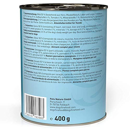 dogz finefood Comida húmeda para Perros – N° 12 Wild & Hering – Comida húmeda para Perros & Cachorros – Sin Cereales y sin azúcar – Alto Contenido de Carne – 6 x 400 g Lata