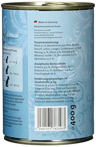 dogz finefood Comida húmeda para Perros – N° 12 Wild & Hering – Comida húmeda para Perros & Cachorros – Sin Cereales y sin azúcar – Alto Contenido de Carne – 6 x 400 g Lata