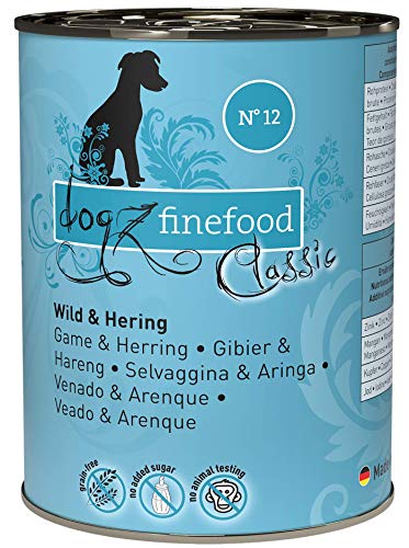 dogz finefood Comida húmeda para Perros – N° 12 Wild & Hering – Comida húmeda para Perros & Cachorros – Sin Cereales y sin azúcar – Alto Contenido de Carne – 6 x 400 g Lata