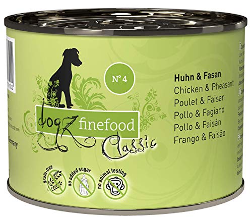 dogz finefood Comida húmeda para Perros – N° 4 Pollo & faisán – Comida húmeda para Perros & Cachorros – Sin Cereales ni azúcar – Alto Contenido de Carne – 6 x 200 g Lata