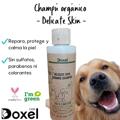 Doxel, Champú Perros Pieles Delicadas, Ingredientes Naturales, Aceite de Camelina, Delicate Skin, Hipoalergénico, Orgánico, Alivia Picores, Todas Las Razas y Edades, 250 ml, Blanco