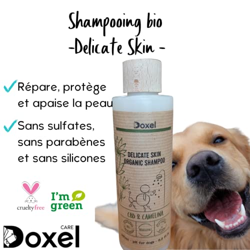 Doxel, Champú Perros Pieles Delicadas, Ingredientes Naturales, Aceite de Camelina, Delicate Skin, Hipoalergénico, Orgánico, Alivia Picores, Todas Las Razas y Edades, 250 ml, Blanco