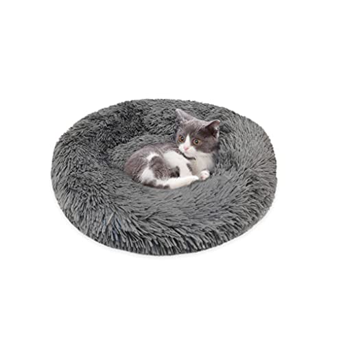 Dsaren Cama Redonda Mascotas Relajante Cama Gatos Suave Felpa Donut Cama Perros Cojín Antideslizante para Gatos y Perros Grande Pequeño (50cm, Gris Oscuro)