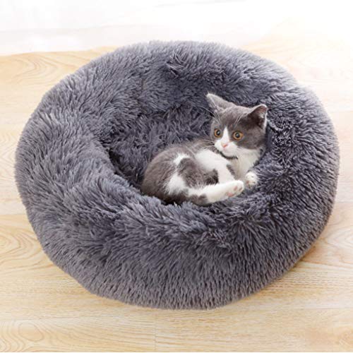 Dsaren Cama Redonda Mascotas Relajante Cama Gatos Suave Felpa Donut Cama Perros Cojín Antideslizante para Gatos y Perros Grande Pequeño (50cm, Gris Oscuro)