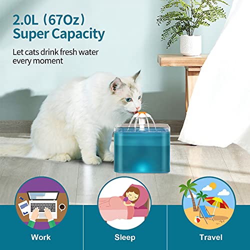 DSHZHM Fuente de Agua para Gatos con Luz LED, Bebedero Automático para Gatos con Filtro de Carbón Activado, Dispensador de Agua para Gatos y Perros Pequeños, Silenciosa y 3 Modos, 2.0 L, Cian