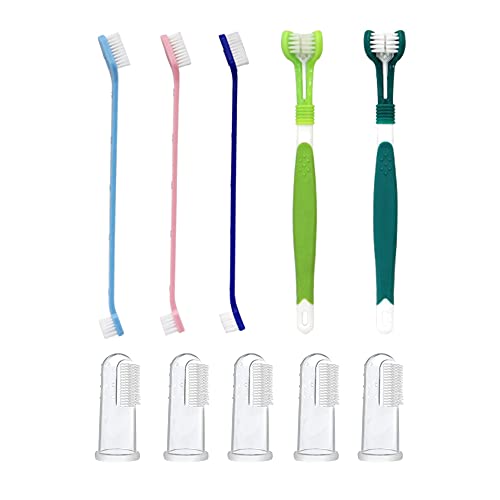 Dtaeye Cepillo Dientes Perro 10 Piezas Cepillo de Dientes de Triple Cabezal Cepillo de Dientes de Mascotas Kit Cepillos Dentales de Silicona Suave de Doble Cara para Mascotas Limpieza