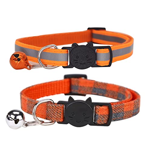 DUOXIN 2 Piezas Liberación rápida Collar de Gato, Collar Gato Reflectante Collares para Gatos con Cascabeles y Hebilla Seguro de Liberación Rápida Ajustable 19-32cm (Naranja)