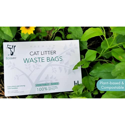 EcoLeo Bolsas de basura para gatos – X-Grande, Compostable, libre de plástico, gruesas, a prueba de fugas, bolsas de caca para mascotas y perros con asas fáciles de atar, 10.5 x 18.5 pulgadas