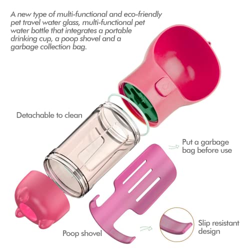 Edipets, Bebedero Perro Portátil, 300 ml y 500 ml, Dispensador Bolsas Caca Perro, Pala para Recogida, 3 en 1, Práctico y Ligero (500 ml, Rosa)