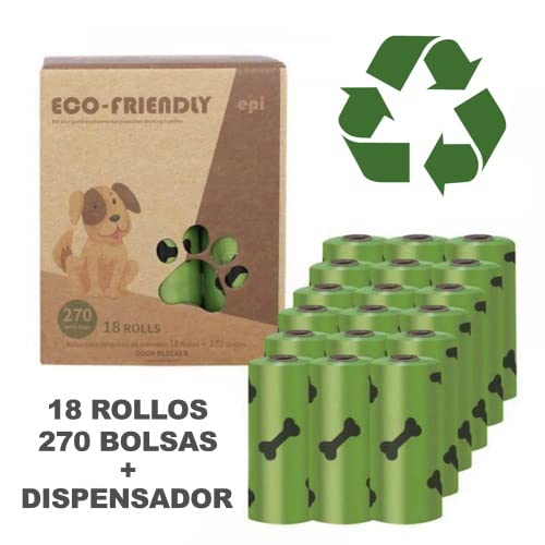 EMERIUM bolsas caca perro biodegradable - 270 bolsas/18 rollos - bolsas perro - bolsa caca mascota - dispensador bolsas caca - bolsas compostables - bolsas excrementos perro -accesorios para perro