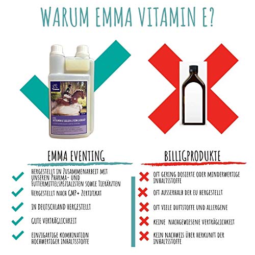 EMMA Vitamina E Selenio Lisina para Caballos I Conjunto económico I Músculo y metabolismo I más aminoácidos Booster 30 ml + 1 L