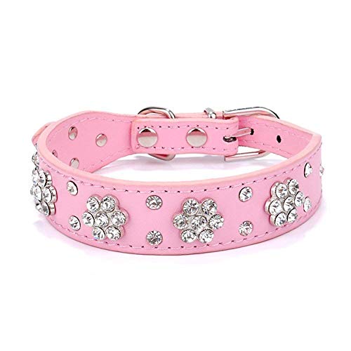 Ericotry - Collar ajustable para perros de mascotas con diamantes de imitación de flores, de piel sintética con tachuelas para perros medianos (rosa)