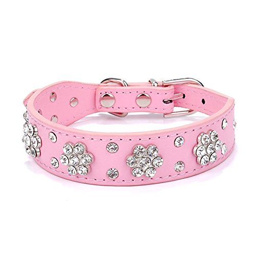 Ericotry - Collar ajustable para perros de mascotas con diamantes de imitación de flores, de piel sintética con tachuelas para perros medianos (rosa)