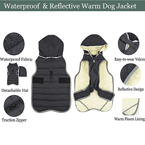 Etechydra Impermeable Chaqueta Abrigada para Perros, Reflectante Abrigo para Perro Sombrero Desmontable, Invierno Chaleco Felpa Chaqueta Perro Abrigo, S