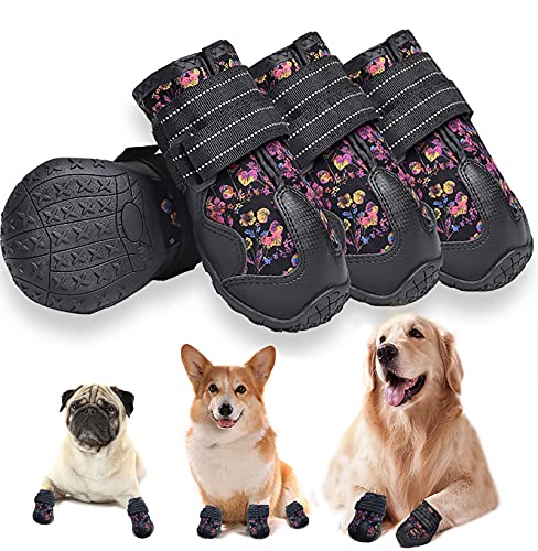 Etechydra Zapatos para Perros, 4Pcs Perro Botas Antideslizante Suela, Impermeables Protectores de Patas para Perros Pequeños Medianos y Grandes Zapatos, Negro 2#