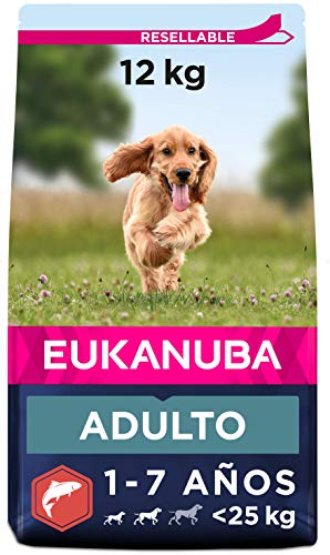 EUKANUBA Alimento seco para Perros Adultos de Razas pequeñas y Medianas, Rico en salmón y Cebada, 12 kg