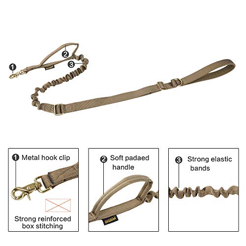 EXCELENTE Spanker Elite Tactical Bungee Dog Leash Correa de Perro Militar Ajustable K9 Tactical Leash Cables elásticos Cuerda con 2 manijas de Control(Marrón)